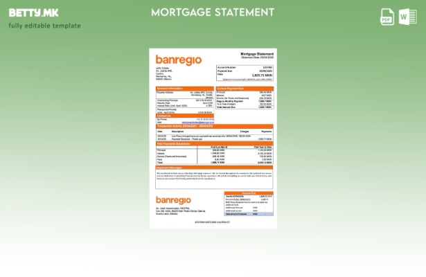 модерен стил Мексико BanRegio изјава за хипотека Шаблон за Word и PDF шаблон